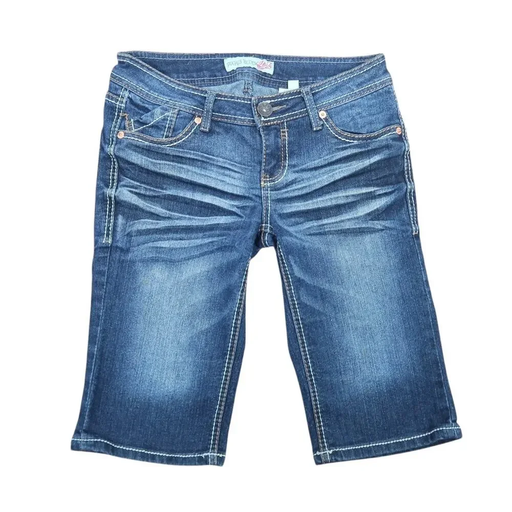 Vintage Y2K Paris Blues Low Rise Bermuda Jean Shorts Whisker Wash 3